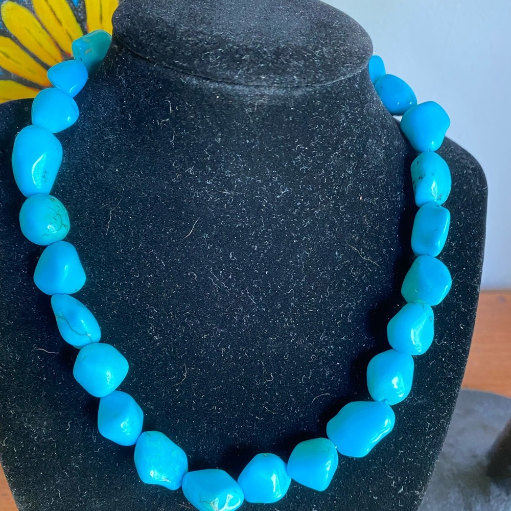 Rare Vintage Sleeping Beauty Chunky Nugget Necklace with Silver Findings